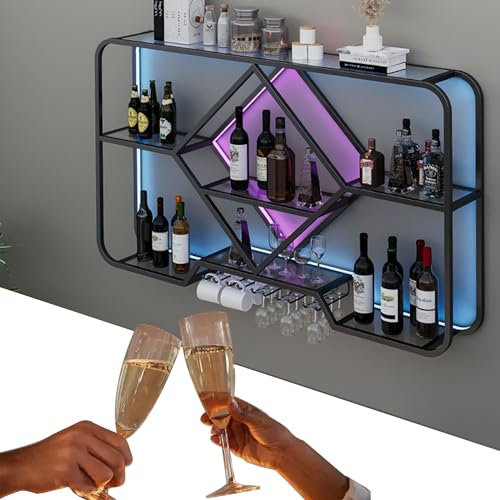 Weinregal Wand Metall Flaschenregal Schmal Couchbar Wine Rack Bar Regal Wand Barschrank Minibar Vitrine Hängend Weinschrank Weinflaschenhalter Getränkeregal mit Weinglashalter und Lichtleiste ( Color