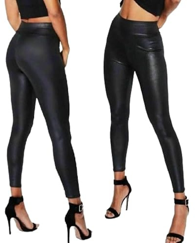 Womens Ladies PVC Leather High Waist Leggings Pu Wet Look Stretch Trousers Pants (UK, Numeric, 10, Regular, Regular, Black)
