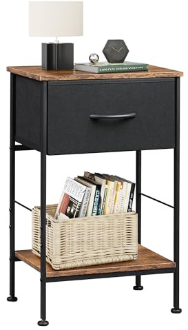 WLIVE Bedside Table, 2-Tier Bedside Cabinet with Fabric Storage Drawer, Steel Frame, Side Table for Living Room, Bed Side Table for Bedroom, Rustic Brown