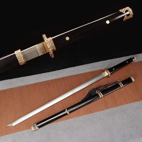Handgefertigtes Tang-Schwert mit Massivholzscheide 102 cm,Musterstahl mit vierblättrigem Kleeblattmuster,Handschutz aus reinem Kupfer + Scheide aus natürlichem rotem Ebenholz,gerades Trainingsschwert