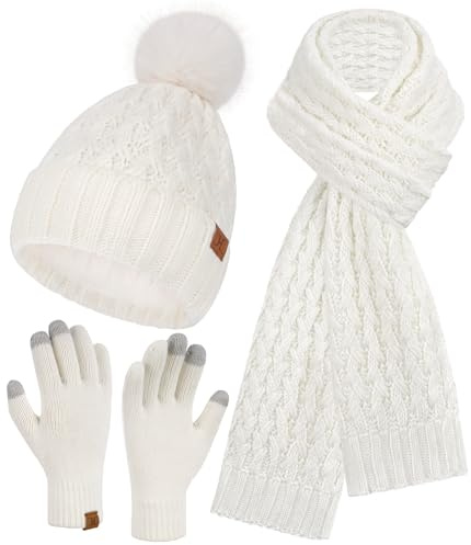 Bequemer Laden Donna Invernale Pon Pon Cappello Sciarpa Touch Screen Guanti Set con Fodera in Pile, Berretto in Maglia a Trecce Sciarpe Regalo
