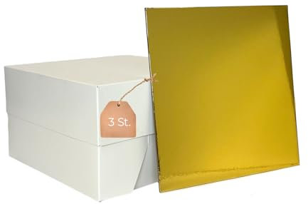 3 cajas para tartas con 3 tablas cuadradas a juego, color dorado y plateado, cartón blanco con base para tartas, recipientes desechables para tartas, cajas para tartas 25 x 25 x 15 cm