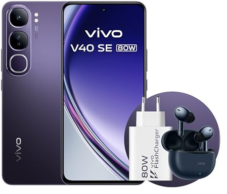 vivo V40 SE 80W Smartphone 5G, 8GB + 256GB Android, 6.67 Pulgadas, Pantalla AMOLED 120Hz, Retratos con Aura Light, Cámara de 50MP, Auriculares TWS 3e + Cargador 80W FlashCharge, Negro