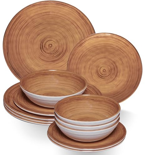 Melamin Geschirr Set Braun für 4 Personen - 12 Teile Steingutoptik Spülmaschinengeeignet Essgeschirr Campingzubehör Campinggeschirr Wohnwagen Camping Festival Picknick Gartenparty