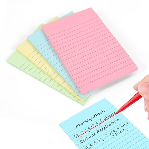 Evergreen Varor Fodrade klisterlappar | Stora pastell Post-It-anteckningar för studier, revision och kontor 4 dynor (gul, rosa, blå och grön) stark vidhäftning, 100 ark/dyna