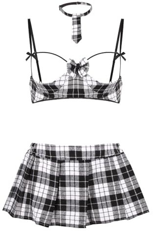 KFLY Women's Sexy Lingerie Set Naughty Cosplay Uniform Costume Quarter Cups Mini Tartan Fancy Dress Hollow Out Push Up Bra and Panty Set Babydoll Teddy Nightwear Sleepwear Black