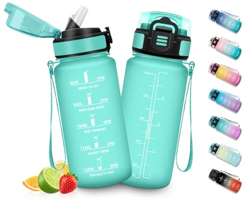 HoneyHolly Gourde Enfant 500 Ml, sans BPA, Water Bottle avec Paille, Anti-fuite, Bouteille d'eau Motivante avec Marqueur de Temps, Gourde Graduée, Bouteille pour Gymnase, École, Cyclisme