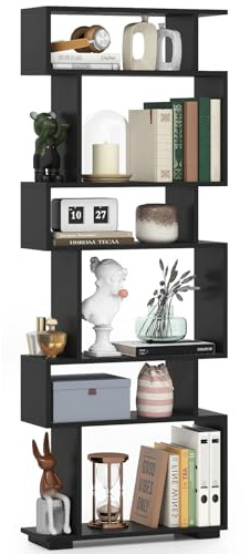 COSTWAY 6-Tier S-shaped Bookshelf, Geometric Bookcase Ladder Shelving Unit with 2 Anti-tipping Kits, Freestanding Tall Storage Shelf Open Display Rack for Living Room, Bedroom & Office (Black)