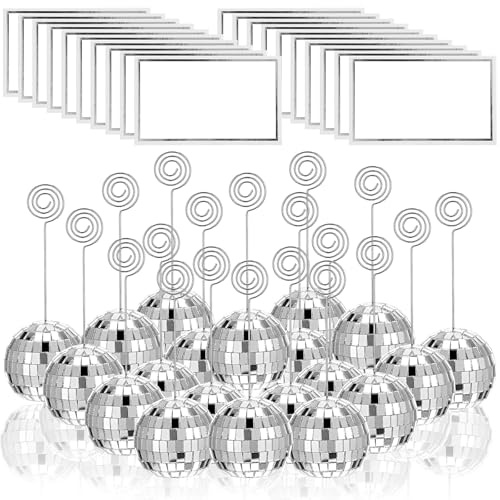 AojSup 60 segnaposto per numeri da tavolo a forma di palla da discoteca, colore argento, con filo a spirale, 5,1 cm, supporto per foto, per matrimoni, feste, compleanni, decorazioni