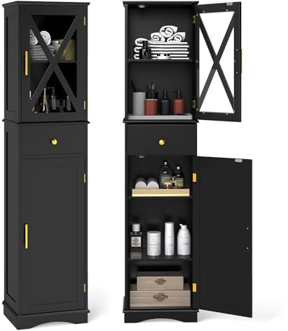 COSTWAY Bathroom Tall Cabinet, Freestanding Narrow Storage Cupboard with Drawer, 2 Doors & Adjustable Shelves, Wooden Tall Slim Bathroom Unit Floor Cabinet for Living Room Hallway, 40x30x168cm (Black)