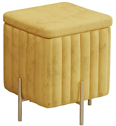 Luxuriöse samtgetuftete Ottoman-Bank mit Metallbeinen, gepolsterter Fußhocker für Wohnzimmer und Eingangsbereich, stilvolle Bettbank, Gelb, 45 x 45 x 42 cm