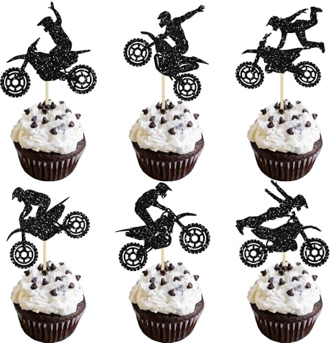 Ephlyn 30Pcs Motorcycle Cupcake Toppers Black Glitter Motocross Dirt Bike Party Cupcake Picks for Sports Motocross Theme Man Boy Birthday Party Cake Decorations Supplies