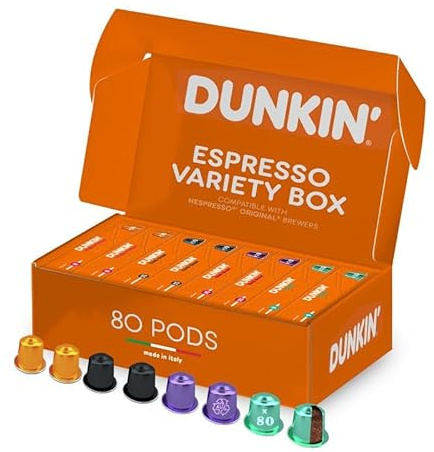 Coffret Espresso Dunkin’ Donuts – 80 Capsules de Café, 4 Variétés : Brazil, Original Blend, Dark Roast, Bold Roast, Compatibles avec les Machines Nespresso, Corsé & Aromatique, Idée Cadeau