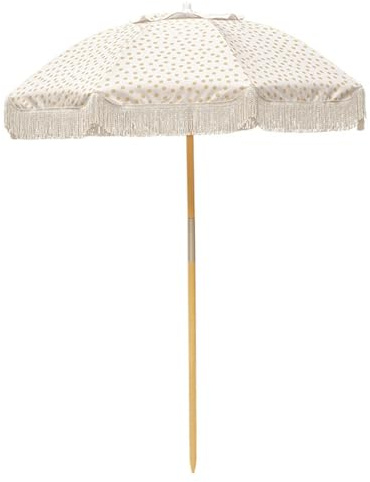 PHQCIV Ombrellone da Spiaggia con Frange 180cm E Palo in Legno di Faggio, Ombrellone Portatile Anti-UV, Ombrellone da Giardino per Giardino, Piscina, Terrazzo, Vacanze (Supporto Non Incluso)