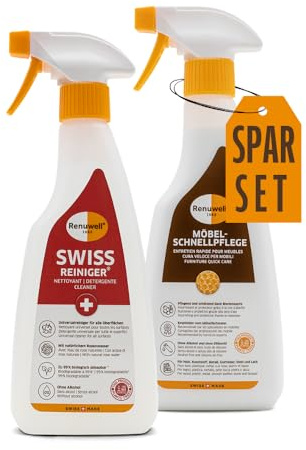 Renuwell Möbel Schnellpflege (500 ml) & Swiss Reiniger (500 ml) – Effektives Pflege- und Reinigung-Set für Holz, Kunststoff, Metall & Stein