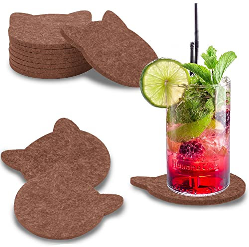 wortek Lot de 8 dessous de verre en feutre marron en forme de chat - Pour boissons, tasses, bar, verre - Diamètre : 10 cm - Lavables