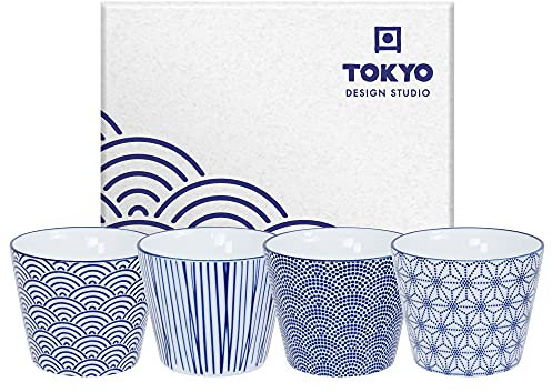 TOKYO design studio Nippon 4-teiliges Tassen-Set im Yunomi-Stil, Porzellan, Teetassen im Set, dekorative Geschenk-Box, mikrowellen- und spülmaschinenfest, je 170 ml, blau