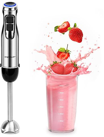 Aigostar Mixmaster - Frullatore a Immersione da 1000W con Lama in Acciaio Inox 304, 6 Velocità e Funzione Turbo. Incluso Bicchiere 600ml per Frullati, Zuppe, Salse, Alimenti per Bambini. BPA Free.