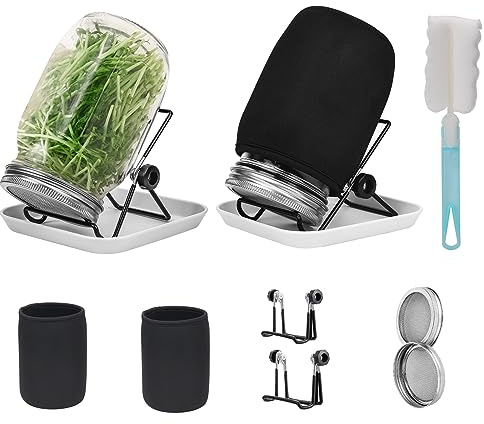 Lulonpon Sprouting Kit, 2 Sprouting Jar Kits, Wide Mouth Quart Mason Jars with Stainless Steel Screen Sprout Lids,1000ml, Stand and Canning Brush,Seed Sprouter Set for Growing Broccoli, Alfalfa
