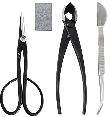 Wazakura Kit Outils Essentiels pour Bonsaï et Jardinage, Fabriqué au Japon en Acier Japonais Yasugi, Ciseaux Satsuki 180 mm, Coupe Branches 200 mm, Pince en Acier Inoxydable, Gomme à Sève