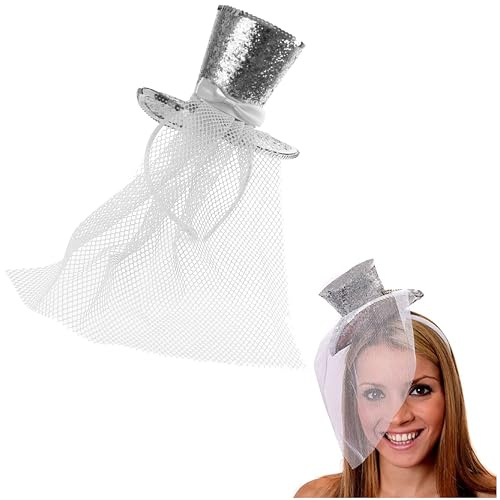 Chapeau haut-de-forme à paillettes pour femme - Mini chapeau haut-de-forme à paillettes avec voile bibi assorti - Accessoire de déguisement d'Halloween ou de Noël