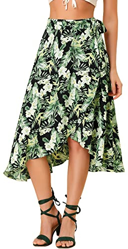 Allegra K Jupe Portefeuille mi-Longue bohème hawaïenne à Fleurs Tropicales pour Femmes Noir XL