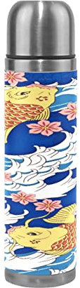 KAAVIYO Fisch-Koi-Blütenspray Wasserflasche Wasserkanne Edelstahl Isolierte Isolierflasche Auslaufsicher Leder Verpackung(500 ml)