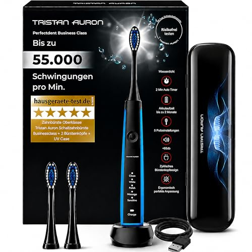 Elektrische Schallzahnbürste 55.000 VPM, 5 Modi, risikofrei 100 Tage testen | Tristan Auron SonicMaster blau, Beste Reisezahnbürste,60 Tage Akku, IPX7 Wasserdicht,2 Min.Timer, UV-Reiseetui,2 Bürstenköpfe