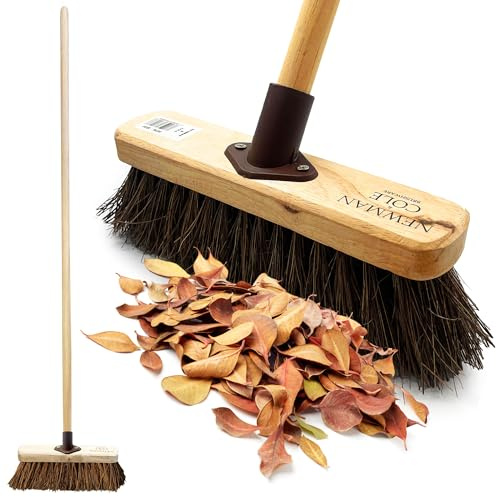 10” Stiff Broom Outdoor Yard Brush with Natural Bassine Hard Bristle Brush Durable Support Bracket & 120cm Wooden Handle Heavy Duty Broom Yard Outdoor Garden Sweeping