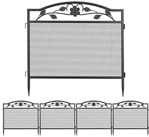 UNHO Decorative Garden Fence Panels: 5pcs Wrought Iron Lawn Edging Border Outdoor Metal Trellis Animal Barrier for Patio Backyard 31in x 13ft
