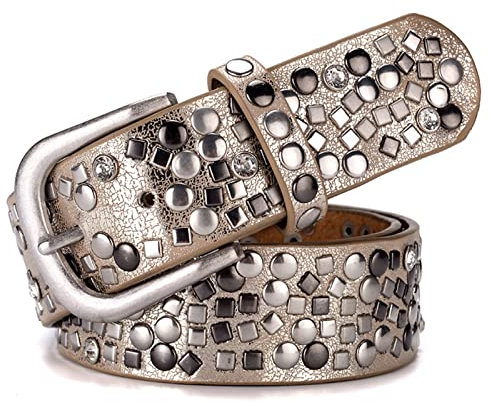 Surrycee Damenmode Punk Rock Hip Hop PU und Rindsleder Mixed Crystal Circle Square Nietengürtel, 38 mm breit,Gold,105cm/waist:34~36