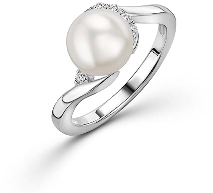 OROVI Damen Ring | 925 Sterling Silber | mit weißer Süßwasser-Zuchtperle von 8mm und 6 Zirkonias | hautfreundlicher Perlen Verlobungsring Silber | nachhaltiger, handgemachter Damen Schmuck