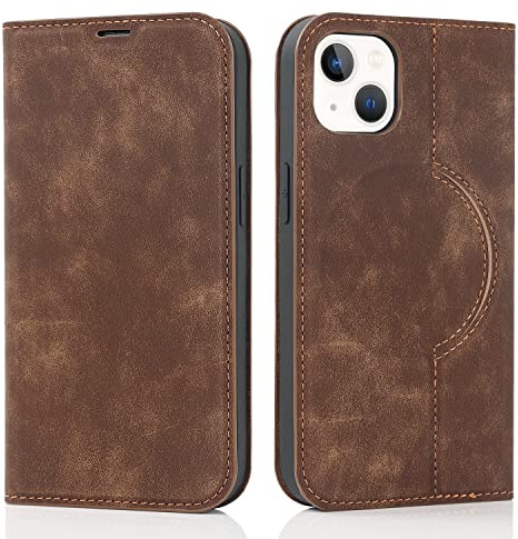 QLTYPRI Hülle für iPhone 15 Plus Kompatibel mit MagSafe, Ledertasche Handyhülle [RFID Schutz] Flip Case mit Kartenhalter Ständer Magnet Klapphülle für iPhone 15 Plus - Braun