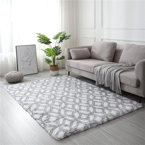 Treer Teppich Wohnzimmer Flauschig, Soft Modern Area Rug Weich Shaggy Teppiche Hochflor Langflor rutschfest Fellteppich Kunstfell Fell Carpet für Schlafzimmer (160x230cm,Weiß-grau kariert)