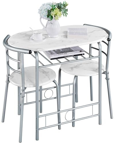 Yaheetech 3 Piece Modern Dining Table Set, Kitchen Table and Chairs Set for 2, Space Saving Table Set, Breakfast Nook Table Set with Steel Legs and Storage Rack for Kitchen/Small Space, White
