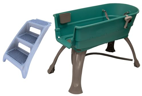 Booster Bath Elevated Portable Pet Bathing and Grooming Dog Bath Tub, Teal, Large, Steps Combo