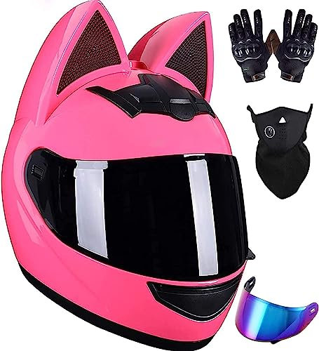 Cool Cat Locomotive Motorrad-Integralhelm Für Männer Und Frauen, Katzenohren-Motorradhelm, ECE-Zugelassener Integral-Motorrad-Straßenhelm Für Renn-Motocross E,M=54-56CM