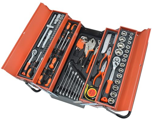 Mediawave Store - Cassetta Porta Attrezzi, Valigetta Portatile, Cassetta 85 Pezzi, Utensili di Ferramenta, Kit di Attrezzi, Valigetta Porta Utensili in Metallo, Cacciavite, Cricchetto, 5 Scomparti