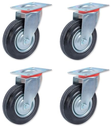 ACAN Tradineur - Pack de 4 ruedas giratorias para muebles, hierro y goma, incluyen placa de montaje, rueda de transporte para cargas pesadas, industrial, peso máx. 70 kg, Ø 100 mm