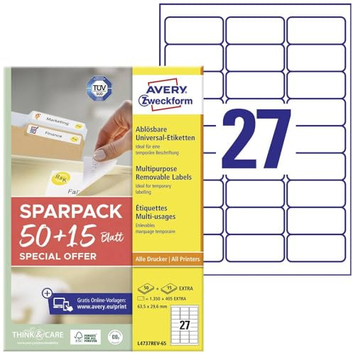 AVERY Zweckform L4737REV-65 Universal Etiketten (1.350 plus 405 Klebeetiketten extra, 63,5x29,6mm auf A4, wieder rückstandsfrei ablösbar/abziehbar, bedruckbar, selbstklebende Aufkleber) 65, weiß