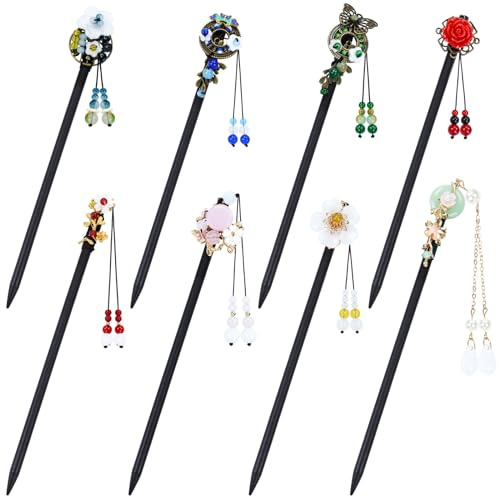 Yoosit 8 Pack Chinese Wood Hair Sticks With Tassel, Dangling Crystal Beads, Charm Fork - Long Straight Chopstick Picks for Twist Bun Holder - Women's Accessories