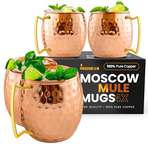 Moskva-mix Moscow Mule-muggar – 100 % ren kopparmuggar set med 4 – livsmedelssäkra 47 ml premium Moscow Mule koppar set med 4 – solida kopparkoppar för att dricka – handgjord premiumgåva