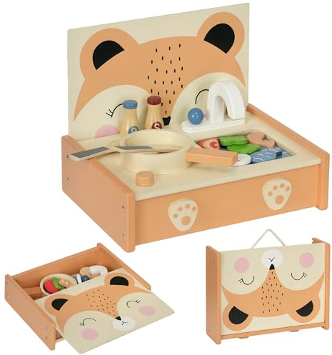 AIYAPLAY Mini-Cuisine en Bois Motif Renard pour 3-5 Ans 12 Accessoires | Cuisine Enfant, Jouet d'Imitation pour Enfant, Poêle, Spatule, Condiments, Fruits, Légumes