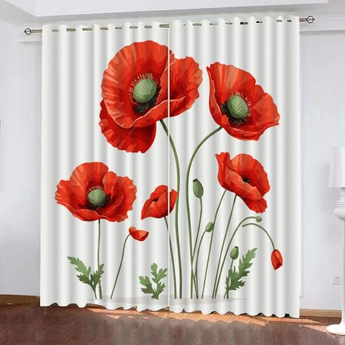Verdunkelungsvorhänge mit roten Blumen für Kinderzimmer, Jungen- und Mädchenzimmer, verdunkelnde Fenstervorhänge, wärmeisoliert, Kinderzimmer-Vorhänge, 2 Paneele, 140 x 160 cm, Verdunkelungsvorhänge