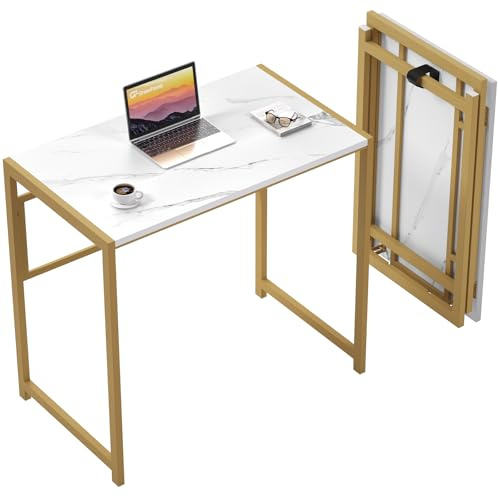 GreenForest Scrivania Salvaspazio Senza Montaggio, Scrivania per Computer e PC da 80 cm per Piccoli Spazi, Scrivania Pieghevole per l'Ufficio di Casa, Oro