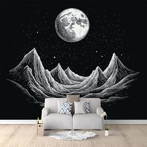Papel pintado fotográfico impreso Dibujo de montañas y luna Papel pintado fotográfico de tejido no tejido 250 x 175 cm arte fotográfico pared de Negro Blanco pintado de pared imagen de pare