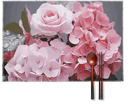 Abwaschbare Platzsets, 6 Stück, rosa Rose, Hortensien, bedruckt, Thanksgiving-Platzsets, hitzebeständig, für Hochzeit, Party, Weihnachten, Essen