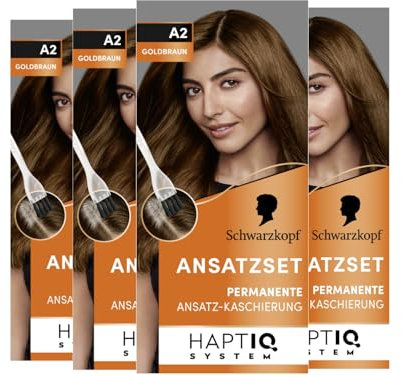 Schwarzkopf Ansatzset A2 Goldbraun Stufe 3 (4x 44,5 ml), dauerhafte Haarfarbe zum Haaransatz kaschieren in nur 10 Minuten, Ansatzfarbe für harmonische Übergänge