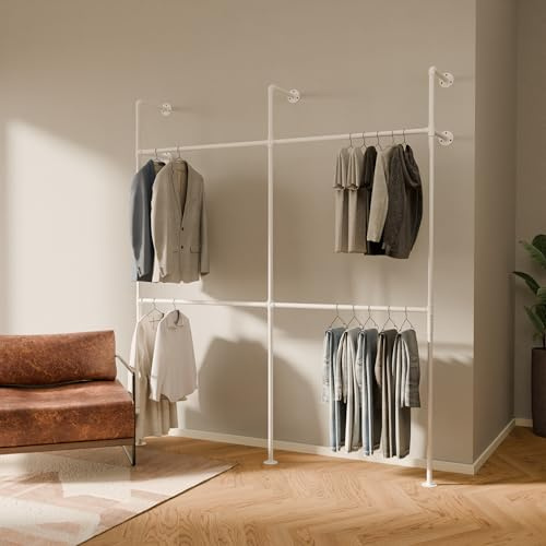 pamo Kleiderstange Wandmontage Weiß – 201 x 222 cm | 360 kg Traglast | Offener Kleiderschrank Garderobe Wand Metall – Begehbarer Kleiderschrank System