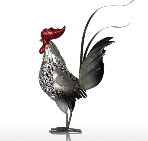 Stgbcst Grande gallo decorativo in metallo – Gallo di ferro, scultura per ingresso, uccello da giardino in metallo, 37 x 10,8 x 40,8 cm (argento)